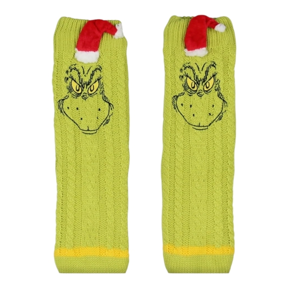 Dr Seuss Grinch Adult Sherpa Lined Grinch Santa Hat Sweater Knit Slipper Socks - Picture 15 of 16